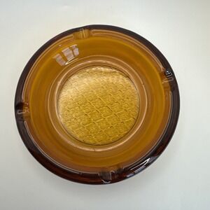 MCM Round Dark Amber Glass Cigar/Cigarette Heavy Ashtray diamond pattern 6 inch